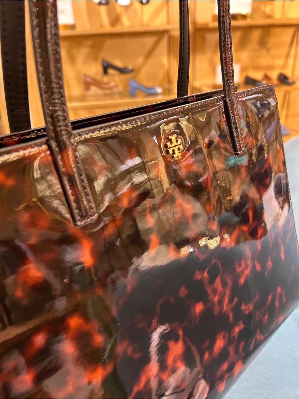 NWTš¢Tory Burch Emerson Tortoise Patent Leather Work Zip Tote 165968 Brown Jelly - Picture 5 of 10